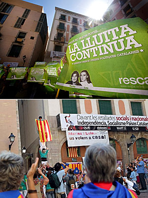 La manifestación a favor de dos etarras, prohibida por la Audiencia Nacional, finalmente se ha celebrado en Barcelona, mostrando carteles (foto: El PaÃs) y colgando una pancarta (foto: El Mundo/EFE). La manifestación a favor de dos etarras, prohibida por la Audiencia Nacional, finalmente se ha celebrado en Barcelona, mostrando carteles (foto: El PaÃs) y colgando una pancarta (foto: El Mundo/EFE).