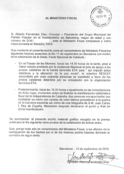 Escrito del PP de Barcelona, presentado ante la FiscalÃ­a de la Audiencia Nacional.