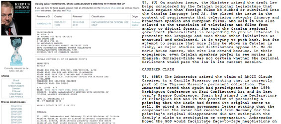 Dos imágenes del informe de la Embajada de EEUU sobre la reunión del embajador en España, Alan Solomont, con la ministra de Cultura, Ãngeles González-Sinde (fuente: Wikileaks). Dos imágenes del informe de la Embajada de EEUU sobre la reunión del embajador en España, Alan Solomont, con la ministra de Cultura, Ãngeles González-Sinde (fuente: Wikileaks).