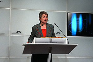 Anna SimÃ³, portavoz de ERC en el Parlamento autonÃ³mico, durante la rueda de prensa (Foto: LVdB).