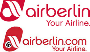 Comparación del logo de la empresa Air Berlin, el original (arriba) y el modificado y publicado por Puig en su blog (abajo), con la esvástica nazi en su interior. Comparación del logo de la empresa Air Berlin, el original (arriba) y el modificado y publicado por Puig en su blog (abajo), con la esvástica nazi en su interior.
